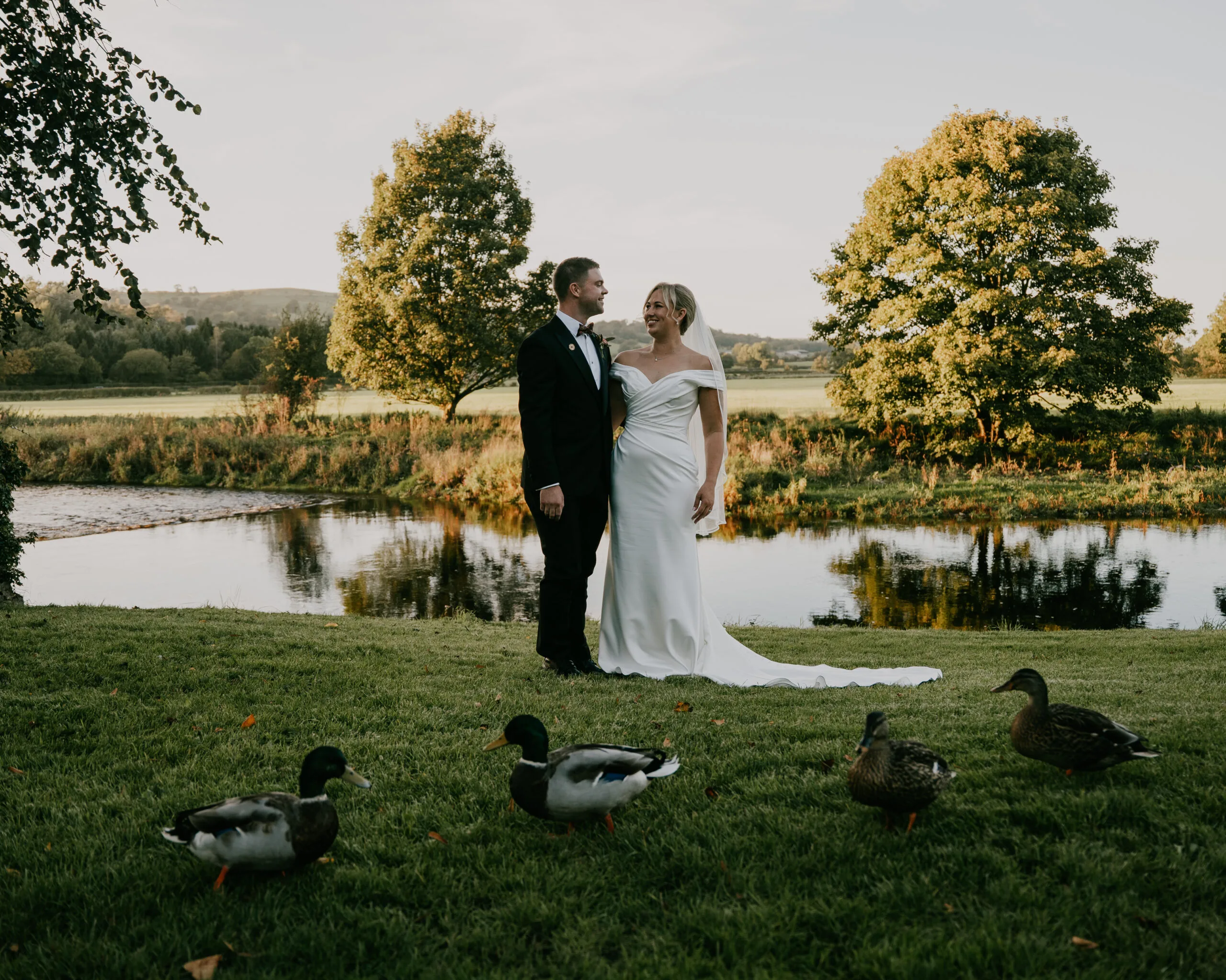 A bride and groom smile at each other on the grassy riverbank at golden hour, she in an off-the-shoulder white gown with a long train and veil, he in a black suit and bow tie. Behind them, the calm river reflects the trees and fields, while four mallard ducks wander across the lawn in the foreground.